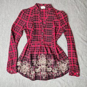 Sweet Miss Me Womens Tunic Size Small Plaid Red Black Embroidered Floral Pattern